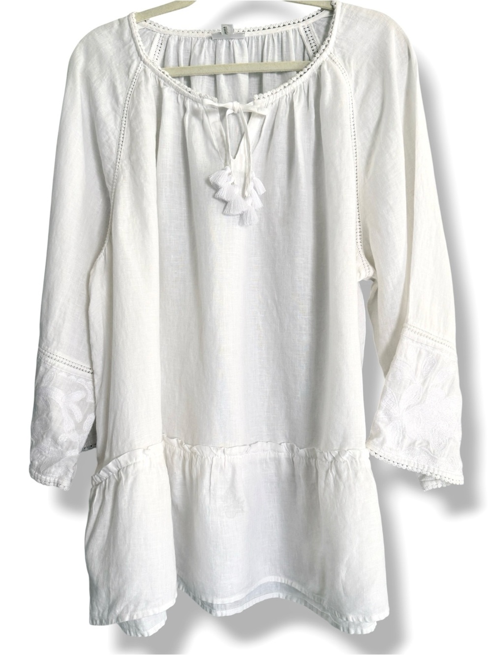 J. Jill Love Linen Embroidered Peasant Top Tassel Tie Size 3X White